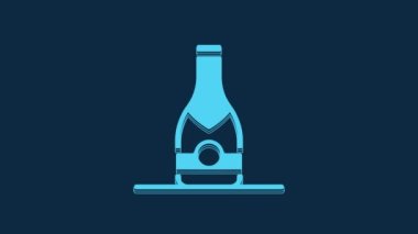 Blue Champagne bottle icon isolated on blue background. 4K Video motion graphic animation.