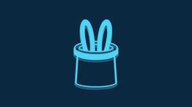 Blue Magician hat and rabbit ears icon isolated on blue background. Magic trick. Mystery entertainment concept. 4K Video motion graphic animation.