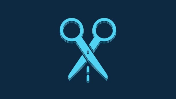 Blaue Schere Mit Schnittliniensymbol Isoliert Auf Blauem Hintergrund Maßanfertigung Schneidwerkzeugschild — Stockvideo