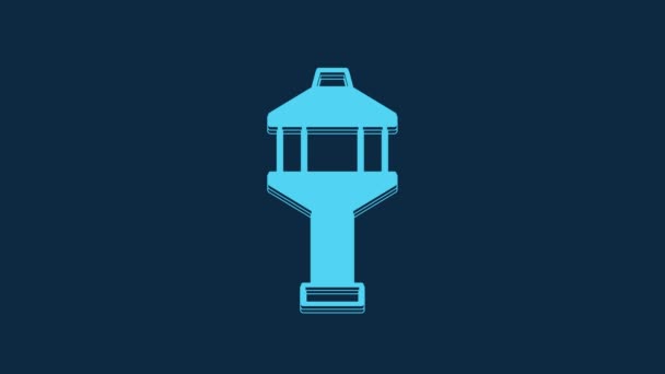 青の背景に隔離された青の空港コントロールタワーアイコン 4Kビデオモーショングラフィックアニメーション — ストック動画
