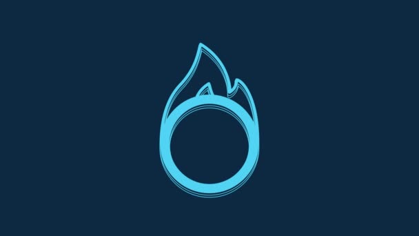 青色の背景に隔離された青いサーカスの火のフープアイコン 炎の輪 丸い炎のフレーム 4Kビデオモーショングラフィックアニメーション — ストック動画