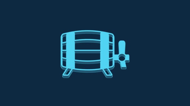 青色の背景に隔離された青い木製のバレルアイコン アルコール樽 飲料容器 ビール用の木製の樽 ウイスキー ワイン 4Kビデオモーショングラフィックアニメーション — ストック動画