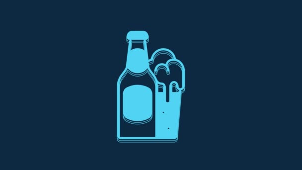 Blue Beer Bottle Glass Icon Isolated Blue Background Alcohol Drink — Αρχείο Βίντεο