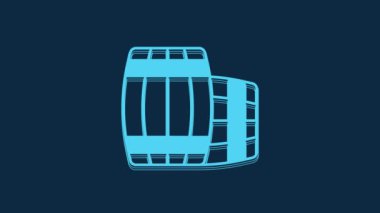 Blue Wooden barrel icon isolated on blue background. Alcohol barrel, drink container, wooden keg for beer, whiskey, wine. 4K Video motion graphic animation.