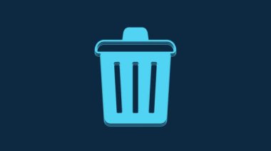 Blue Trash can icon isolated on blue background. Garbage bin sign. Recycle basket icon. Office trash icon. 4K Video motion graphic animation.