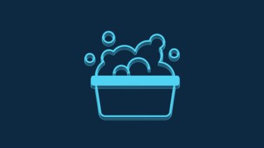 Blue Plastic basin with soap suds icon isolated on blue background. Bowl with water. Washing clothes, cleaning equipment. 4K Video motion graphic animation.