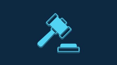 Blue Judge gavel icon isolated on blue background. Gavel for adjudication of sentences and bills, court, justice. Auction hammer. 4K Video motion graphic animation.