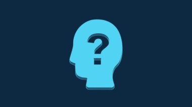 Blue Human head with question mark icon isolated on blue background. 4K Video motion graphic animation.