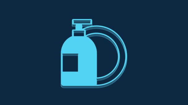Блакитна Пляшка Миття Посуду Значок Тарілки Ізольовані Синьому Фоні Рідкий — стокове відео