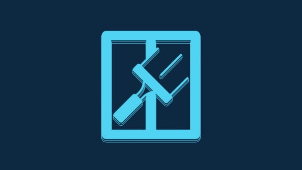青色の背景に隔離された窓のアイコンのためのゴムクリーナーのブルークリーニングサービス スクイージー スクレーパー ワイパー 4Kビデオモーショングラフィックアニメーション — ストック動画