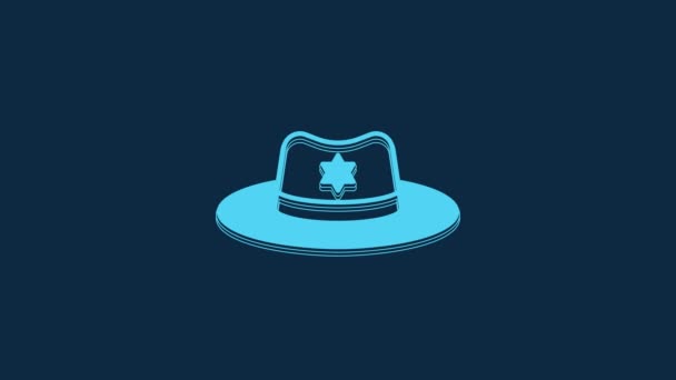 ブルーの背景にバッジアイコンが隔離されたブルーの保安官帽子 4Kビデオモーショングラフィックアニメーション — ストック動画
