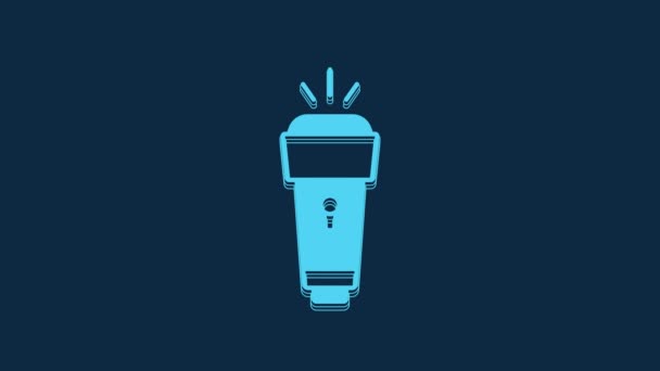 青の背景に隔離された青の懐中電灯アイコン 4Kビデオモーショングラフィックアニメーション — ストック動画