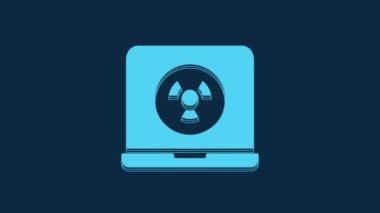 Mavi Nükleer dizüstü bilgisayar ikonu mavi arkaplanda izole edildi. 4K Video hareketli grafik canlandırması.