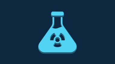 Blue Laboratory chemical beaker with toxic liquid icon isolated on blue background. Biohazard symbol. Dangerous symbol with radiation icon. 4K Video motion graphic animation.