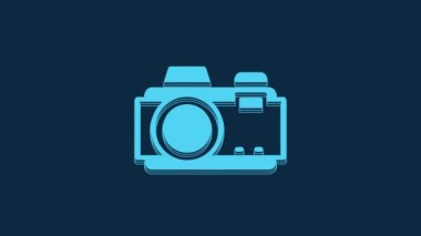 Blue Photo camera icon isolated on blue background. Foto camera. Digital photography. 4K Video motion graphic animation.