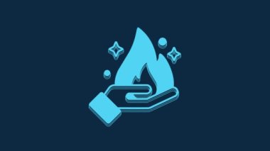 Blue Hand holding a fire icon isolated on blue background. 4K Video motion graphic animation.