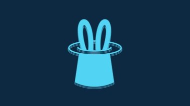 Blue Magician hat and rabbit ears icon isolated on blue background. Magic trick. Mystery entertainment concept. 4K Video motion graphic animation.
