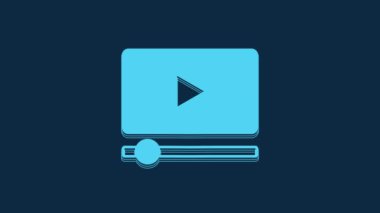 Blue Online play video icon isolated on blue background. Film strip with play sign. 4K Video motion graphic animation.