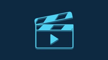 Mavi Film alkışlayıcı simgesi mavi arkaplanda izole edildi. Film alkışlama tahtası. Alkış tahtası işareti. Sinema yapımı ya da medya endüstrisi. 4K Video hareketli grafik canlandırması.