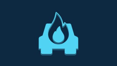 Blue Burning car icon isolated on blue background. Car on fire. Broken auto covered with fire and smoke. 4K Video motion graphic animation.