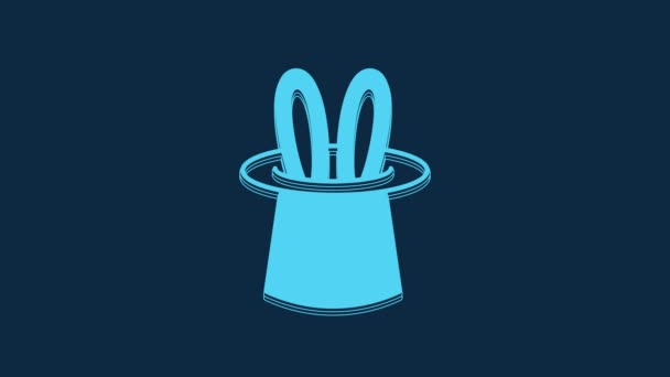 蓝色魔法帽和兔子耳朵图标隔离在蓝色背景 魔术把戏 神秘的娱乐理念 4K视频运动图形动画 — 图库视频影像