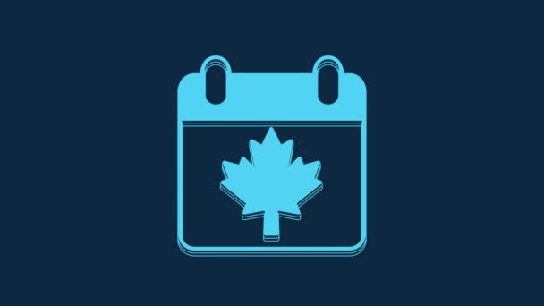 青い背景にモミジの葉のアイコンが隔離された青いカナダの日 7月1日の独立記念日は カナダの国旗と一緒にカレンダーに記載されています 4Kビデオモーショングラフィックアニメーション — ストック動画