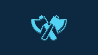 Blue Wooden axe icon isolated on blue background. Lumberjack axe. 4K Video motion graphic animation.