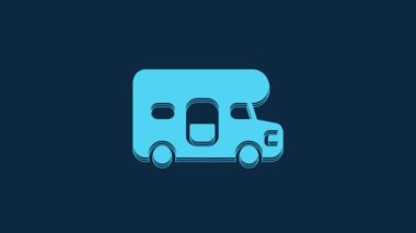 Mavi karavan araç ikonu mavi arka planda izole edildi. Karavan evi, yaz gezisi için mobil ev. 4K Video hareketli grafik canlandırması.