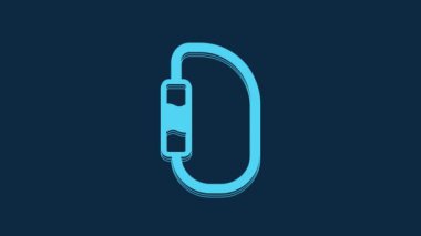 Blue Carabiner icon isolated on blue background. Extreme sport. Sport equipment. 4K Video motion graphic animation.
