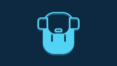Blue Hiking backpack icon isolated on blue background. Camping and mountain exploring backpack. 4K Video motion graphic animation.