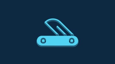 Blue Swiss army knife icon isolated on blue background. Multi-tool, multipurpose penknife. Multifunctional tool. 4K Video motion graphic animation.
