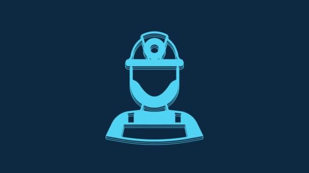 青色の背景に隔離されたヘルメットアイコンのブルー鉱夫 4Kビデオモーショングラフィックアニメーション — ストック動画