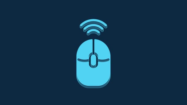 青の背景に隔離された青のワイヤレスコンピュータのマウスアイコン ホイールシンボル付き光学 4Kビデオモーショングラフィックアニメーション — ストック動画