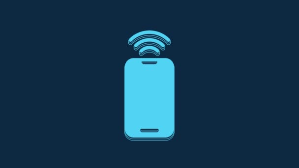 蓝色智能手机与免费无线网络连接图标隔离在蓝色背景 无线技术 无线连接 无线网络 4K视频运动图形动画 — 图库视频影像