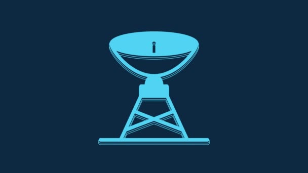 Blue Satellite Dish Icon Isolated Blue Background Radio Antenna Astronomy — Vídeo de Stock