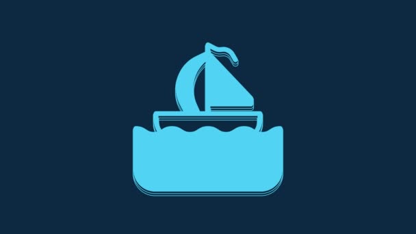 青い背景に隔離された青いヨットの帆船またはセーリング船のアイコン 帆ボート海洋クルーズ旅行 4Kビデオモーショングラフィックアニメーション — ストック動画