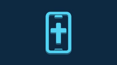 Mavi Hristiyan mavi arka planda izole edilmiş bir cep telefonu simgesi. Kilise haçı. 4K Video hareketli grafik canlandırması.
