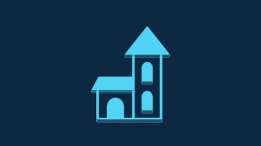 Blue Church building icon isolated on blue background. Christian Church. Religion of church. 4K Video motion graphic animation.