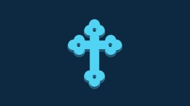 Blue Christian cross icon isolated on blue background. Church cross. 4K Video motion graphic animation.