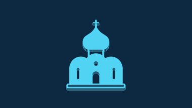 Blue Church building icon isolated on blue background. Christian Church. Religion of church. 4K Video motion graphic animation.