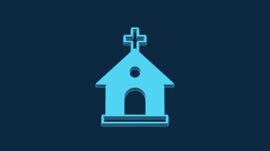 Blue Church building icon isolated on blue background. Christian Church. Religion of church. 4K Video motion graphic animation.