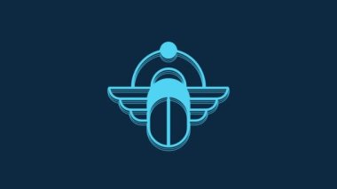 Mavi Mısırlı Scarab simgesi mavi arkaplanda izole edilmiş. Kanatlı böcek ve güneş böceği. 4K Video hareketli grafik canlandırması.