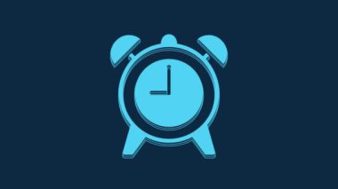 Blue Alarm clock icon isolated on blue background. Wake up, get up concept. Time sign. 4K Video motion graphic animation.