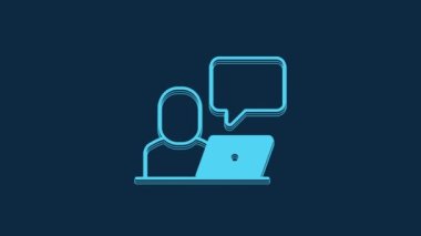 Blue Freelancer icon isolated on blue background. Freelancer man working on laptop at his house. Online working, distant job concept. 4K Video motion graphic animation.