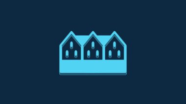 Mavi İzlanda ahşap ev ikonu mavi arka planda izole edilmiş. İzlanda 'nın mimari öğesi. 4K Video hareketli grafik canlandırması.