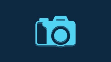 Blue Photo camera icon isolated on blue background. Foto camera. Digital photography. 4K Video motion graphic animation.