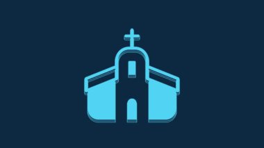 Blue Church building icon isolated on blue background. Christian Church. Religion of church. 4K Video motion graphic animation.