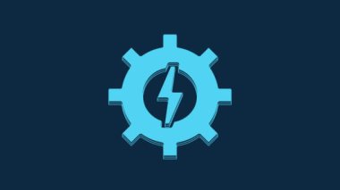 Blue Gear and lightning icon isolated on blue background. Electric power. Lightning bolt sign. 4K Video motion graphic animation.