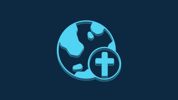 Blaues Christliches Kreuz Mit Erdglobus Symbol Auf Blauem Hintergrund Weltreligionstag — Stockvideo
