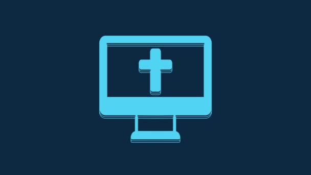青の背景に隔離されたモニターアイコン上の青のクリスチャンクロス 教会の十字架 4Kビデオモーショングラフィックアニメーション — ストック動画